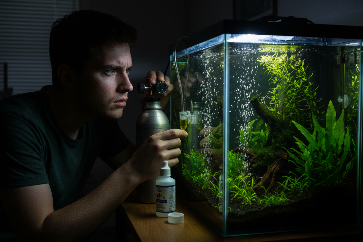 Een **foto-realistische afbeelding zonder tekst** waarin iemand duidelijk bezig is met het maken van één van deze klassieke fouten bij CO₂-gebruik:

We zien een **jonge man bij zijn aquarium**, geconcentreerd bezig met het afstellen van zijn CO₂-systeem. Hij kijkt wat verward naar de **dropchecker**, die felgeel is geworden (te veel CO₂). Bovenop het aquarium zie je **bellen opstijgen in het donker**, wat subtiel laat zien dat het systeem ’s nachts nog draait.

Op de tafel naast hem ligt een open flesje **p