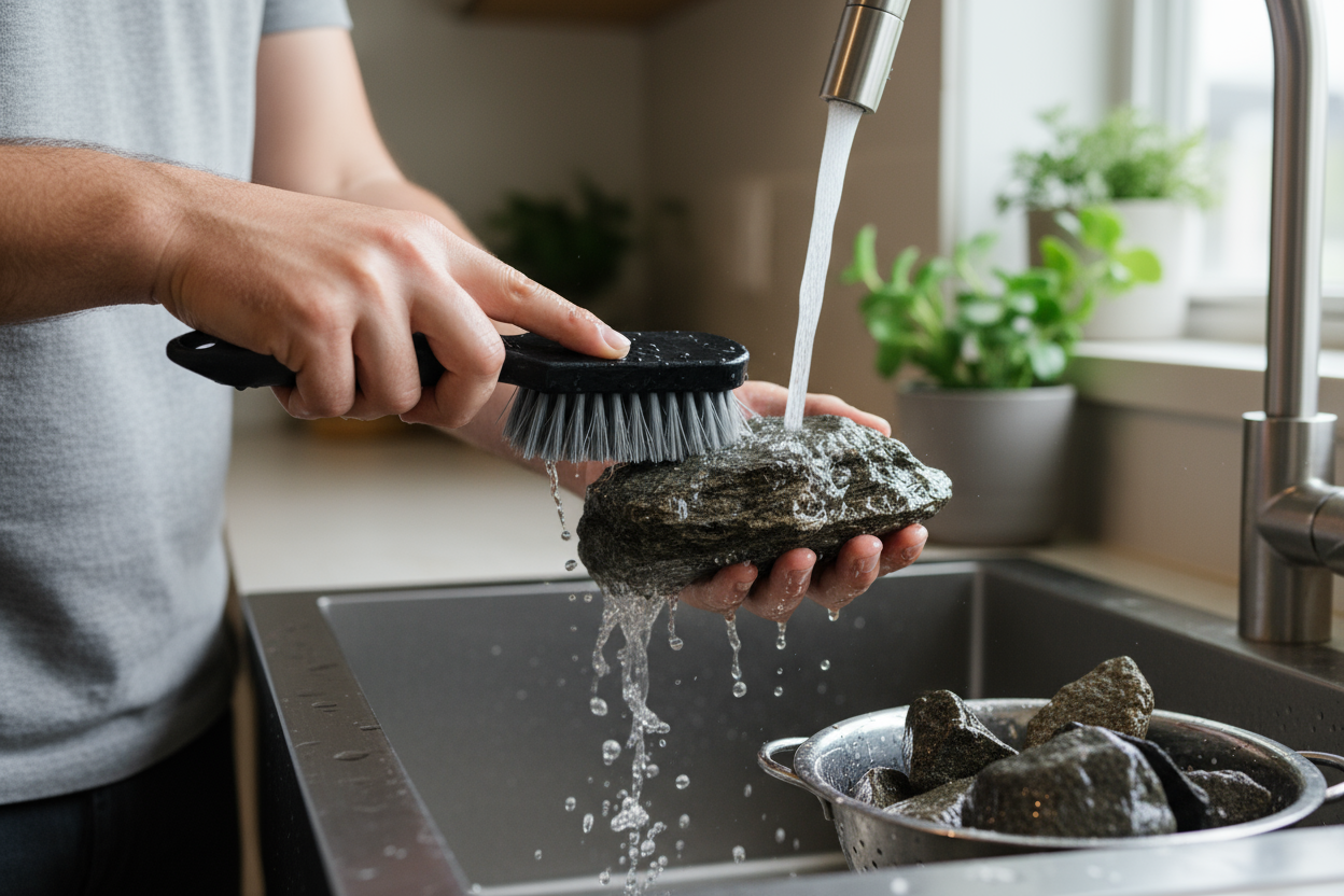 foto realistic zonder tekst iemand die bezig is met Hoe maak je aquarium stenen klaar? (stap-voor-stap)
Kies veilige steensoorten zoals graniet, leisteen of basalt. Kalksteen en koraal alleen als je bewust een hogere pH wilt.
Spoelen &amp; borstelen: gewoon onder de kraan. Geen kookpan of oven – dat is meestal onnodig en kan zelfs gevaarlijk zijn.
Azijn-test (optioneel): druppel wat azijn op de steen. Bruist het? Dan bevat ‘ie kalk en kan ‘ie je pH verhogen.
Oliecoating verwijderen: voelt de steen vettig aa