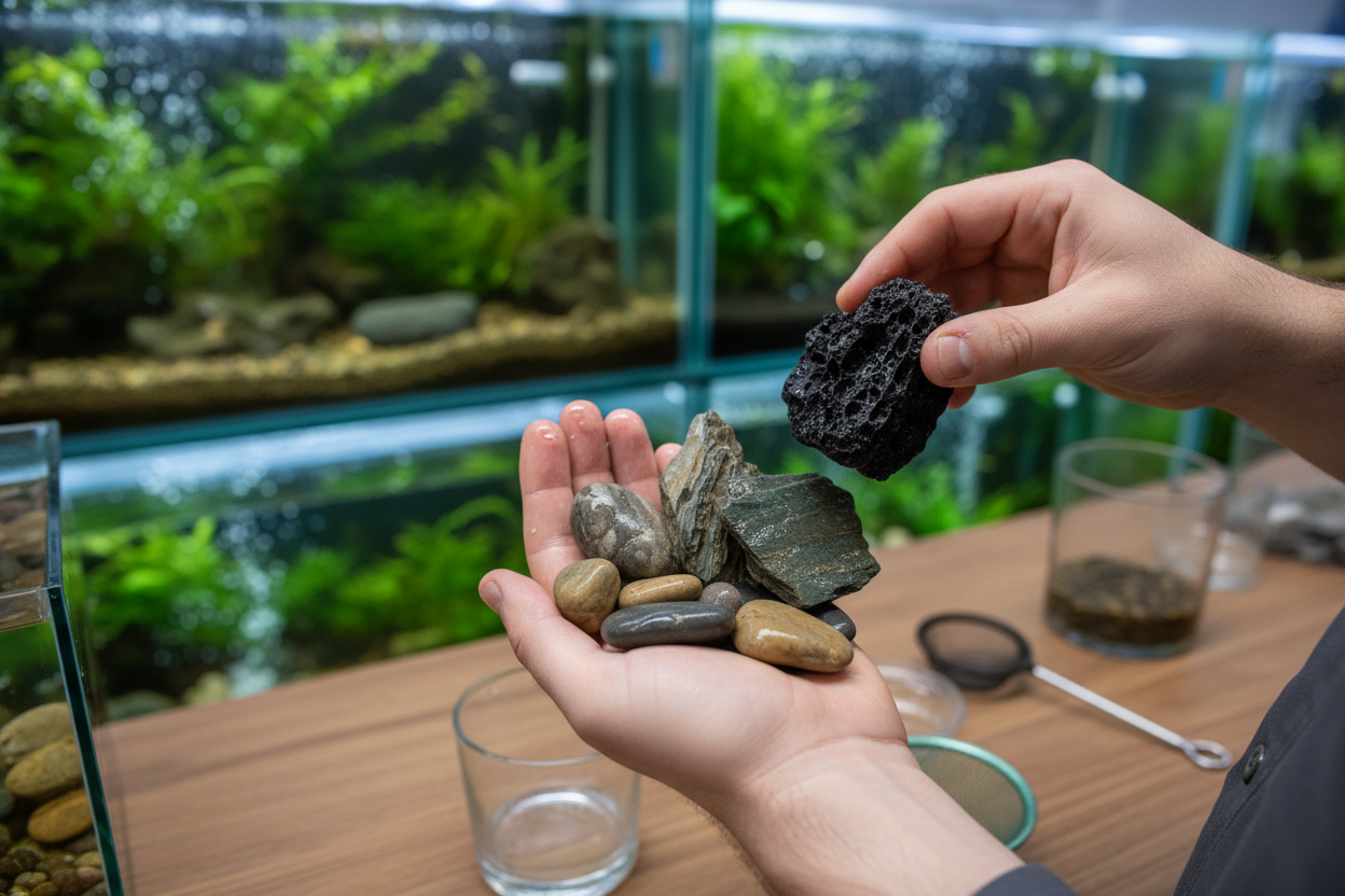 iemand die bezig is met stenen uitzoeken in een aquarium winkel. foto realistic zonder tekst Veel mensen denken dat er een geheim lijstje bestaat met “magische” aquariumstenen, maar eerlijk: de meeste stenen uit je tuin, een beekje of zelfs de bouwmarkt zijn inert en volkomen veilig. Mythe ontkracht! Hou wel rekening met een paar uitzonderingen:

Kalkhoudende stenen (die bruisen met azijn) kunnen je pH een zetje omhoog geven. Meestal prima, maar check of je vissen dat fijn vinden.
Zeldzame mineralen zoals m